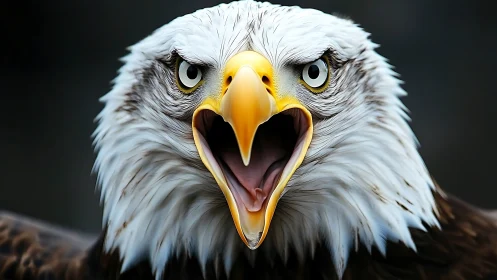 Intense close-up of bald eagle with open beak in dramatic style.