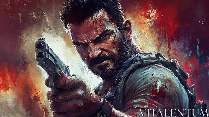 Battle-worn tactical gunman aiming pistol amid fiery backdrop