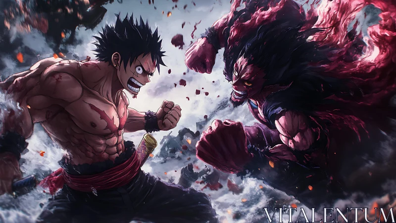 Two muscular anime fighters clash mid-punch in smoky ruins