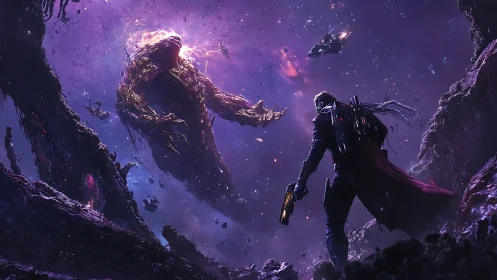 Starlit space adventurer facing a colossal cosmic guardian.