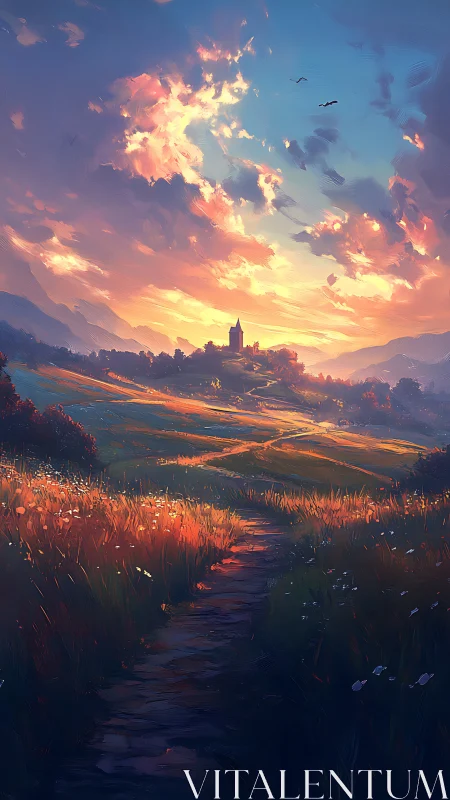 Sunset-illuminated valley path directs gaze toward distant chapel