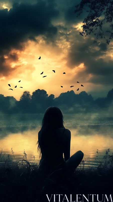 Silhouetted observer by lacustrine sunset under stratified clouds.