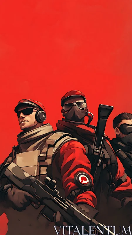 Tactical strike team in red gear against bold field.