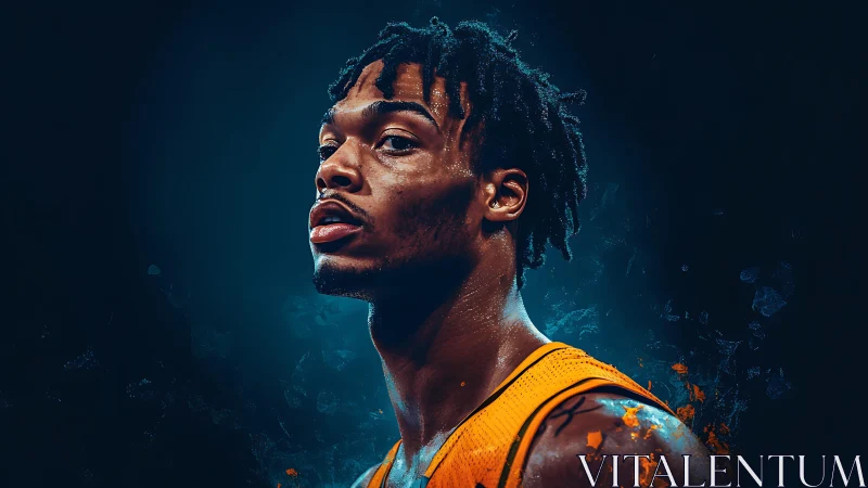 Dynamic basketball portrait under electric blue rimlight.