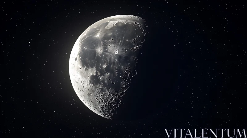 Luminous half moon hangs in a crystal-clear star-filled void