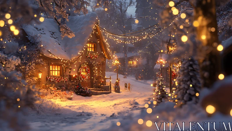 Snowy cottage village with warm Christmas lights at dusk.