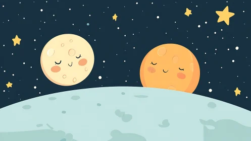 Stylized celestial bodies with kawaii facial expressions in orbit