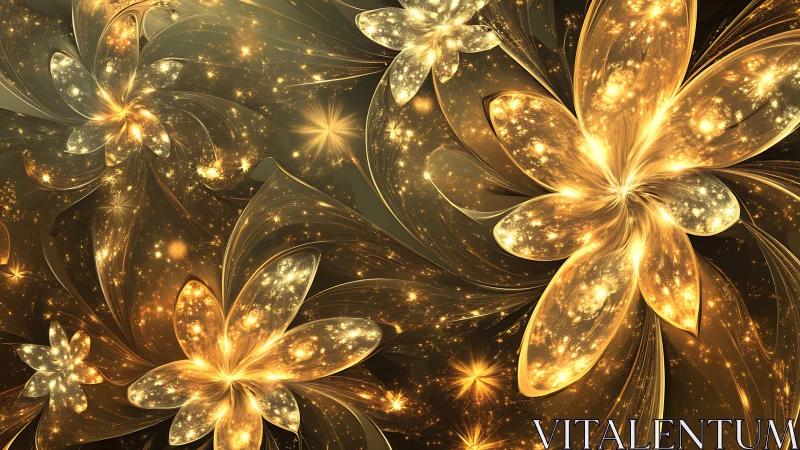 Fractal gold nebula blossoms with radiant petal curvature.
