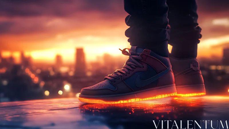 Sunset city stroll in glowing, futuristic sneakers.