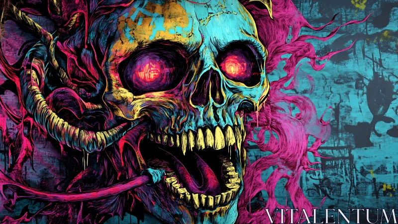 Mutated neon skull with glowing eyes and screaming mouth.