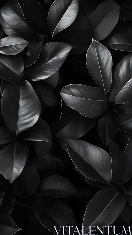 Monochrome rubber plant leaves forming dense dark pattern.