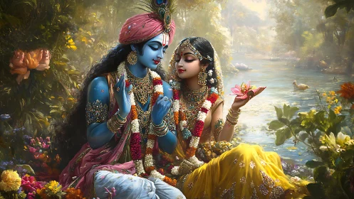Divine lovers share a serene moment by a radiant riverside