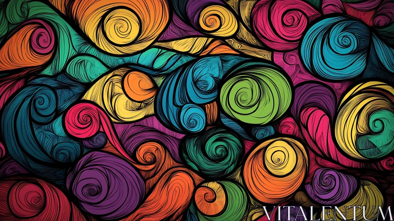 Dense spiral vector pattern uses saturated hues and dynamic linework