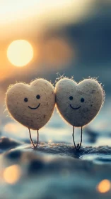 Two anthropomorphic heart characters with smiling faces positioned against golden sunrise.