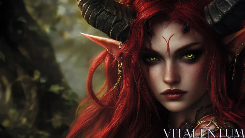 Fiery horned elf woman with glowing green eyes in forest