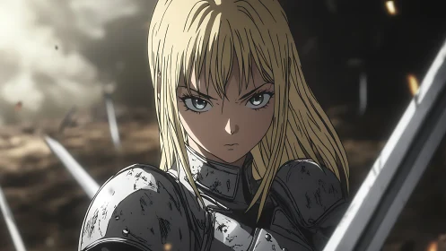 Blonde armored warrior stares forward holding raised sword