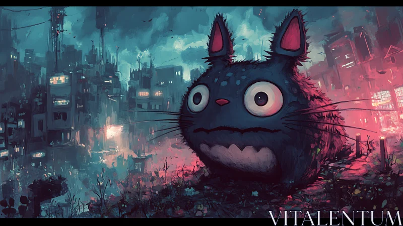 Neon urban creature watches rain-soaked cyberpunk cityscape.