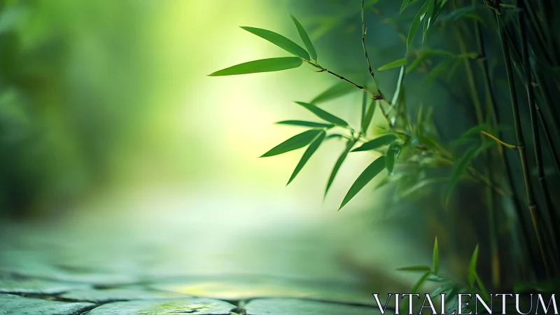 Serene Bamboo Garden Path with Soft Green Tones, Tranquil Style.