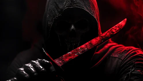 Hooded skeletal figure holds red-stained knife in dark scene