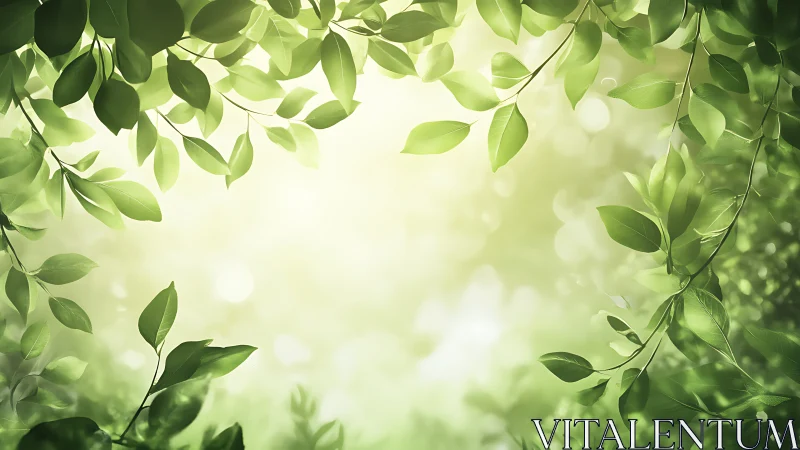 Sunlit green leaves framing soft forest bokeh background.