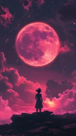 Warrior silhouette facing huge pink moon and clouds.