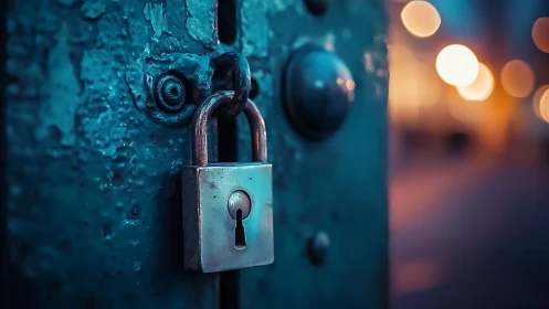 Metal padlock hangs on worn blue door in shallow focus