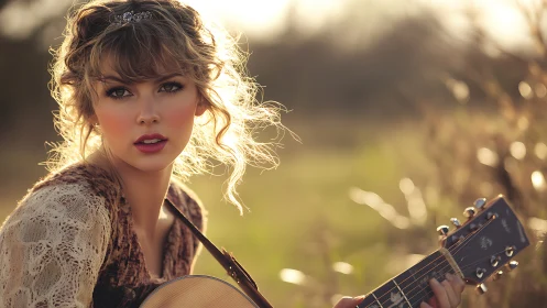 Photorealistic country portrait with acoustic guitar bokeh.
