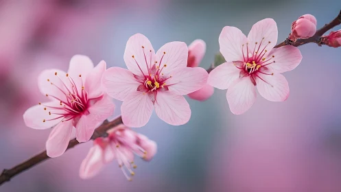 Pink Cherry Blossoms with Vibrant Stamens in Soft Daylight Glow