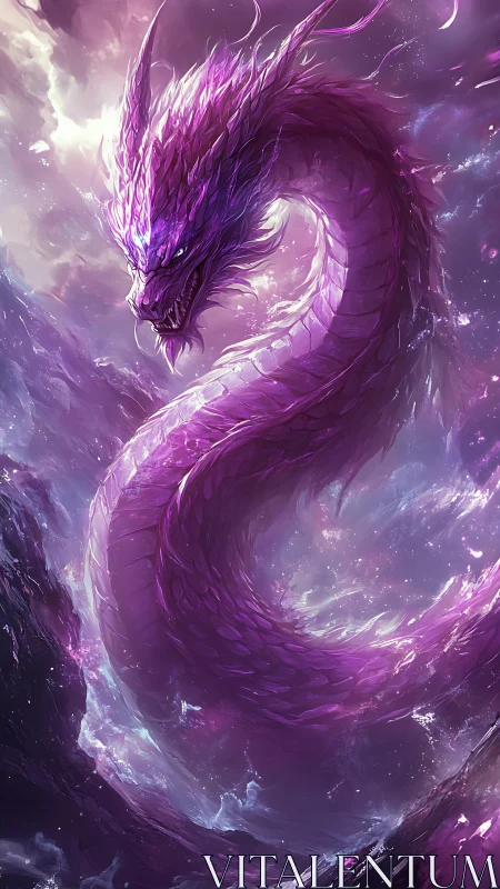 Celestial violet dragon curling through stormlit starlight.