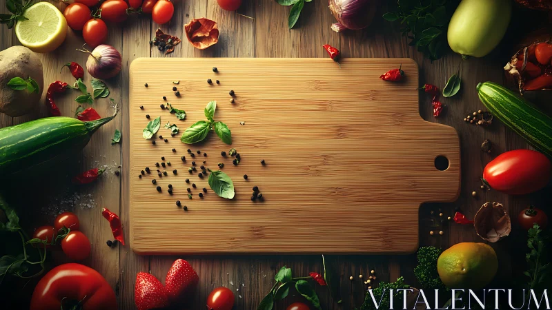 Inviting wooden board surrounded by colorful fresh veggies.