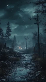 Rain-soaked rural track under storm clouds with distant firelit shack