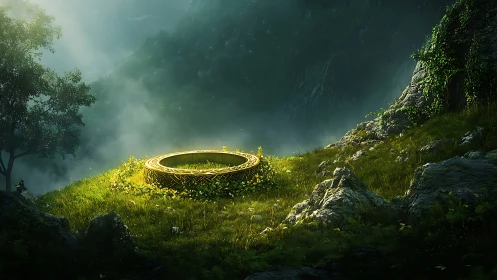 Ancient golden portal ring glowing in misty forest clearing.