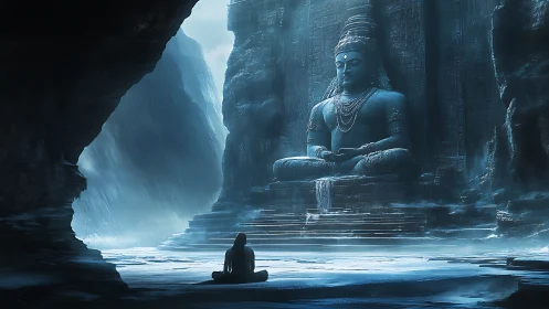 Solitary figure meditating before vast cave deity statue.