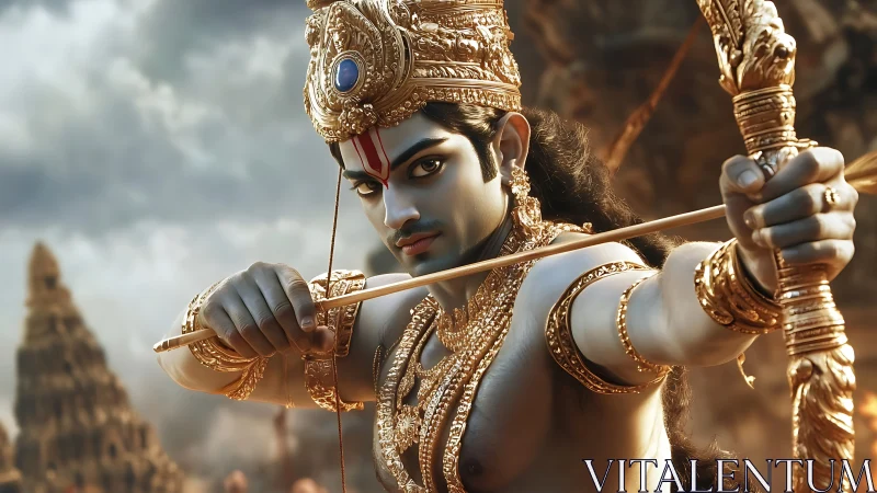 Digital depiction shows mythological archer drawing golden bow