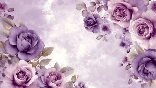 Purple roses arranged symmetrically against soft bokeh background