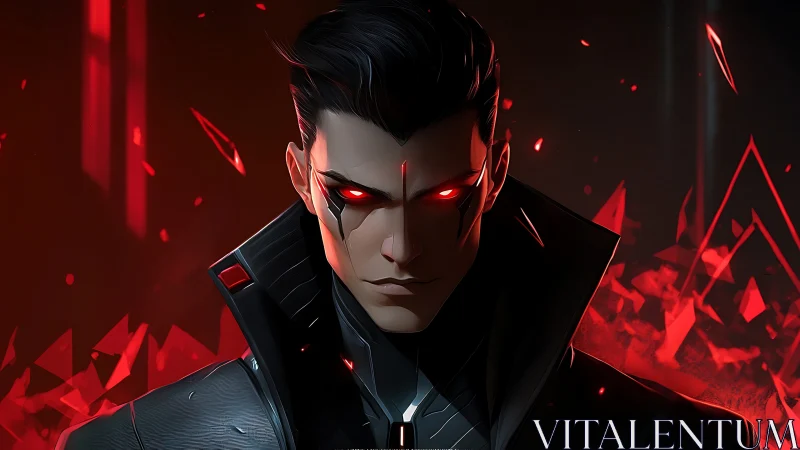 Cybernetic antihero with glowing red eyes in shards of light.