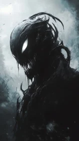 Shadowy humanoid entity with glowing eyes in misty void.