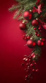 Red Christmas baubles nestle in evergreen holiday cascade.