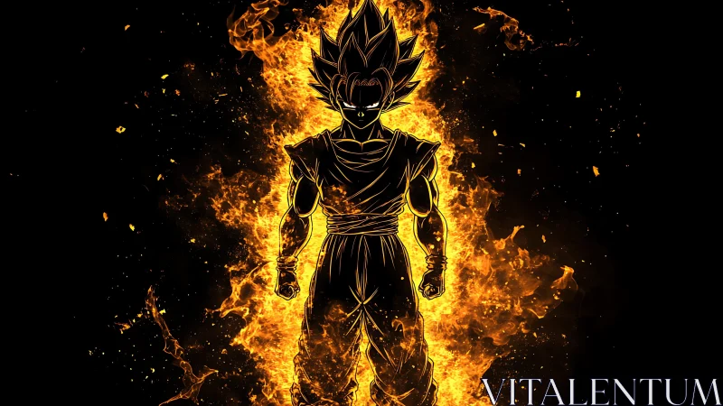 Silhouetted anime fighter stands engulfed in intense flames