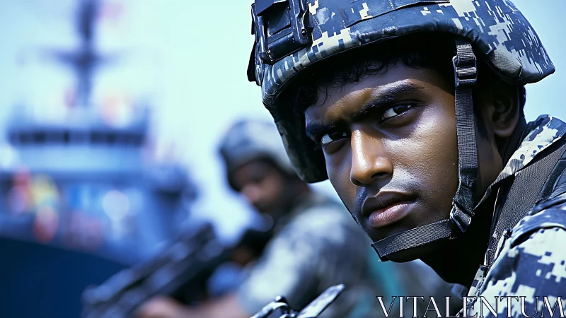 Young naval soldier’s steady gaze beside a distant ship.