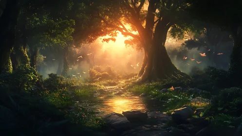 Luminous Forest Cathedral Where Sunlight Dances Through Ancient Trees