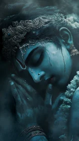 Blue devotional portrait with jeweled crown and misted tears.