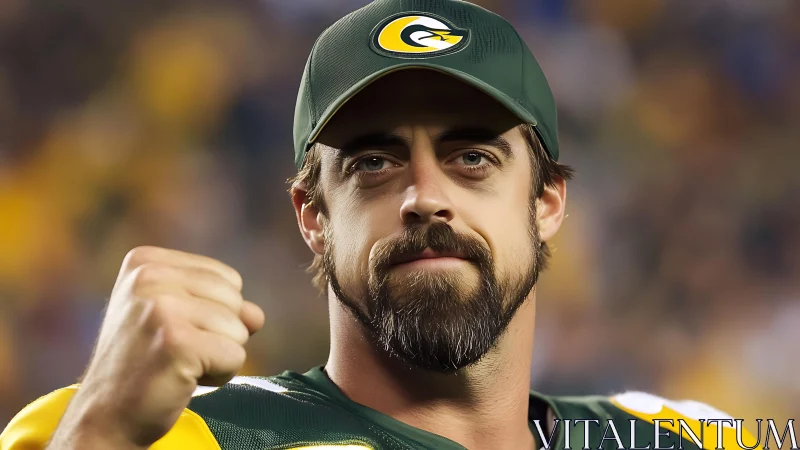 Gridiron gaze and clenched victory fist under stadium glow.