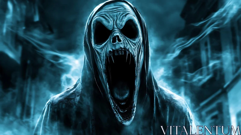Hooded skeletal entity with open mouth in misty street scene.