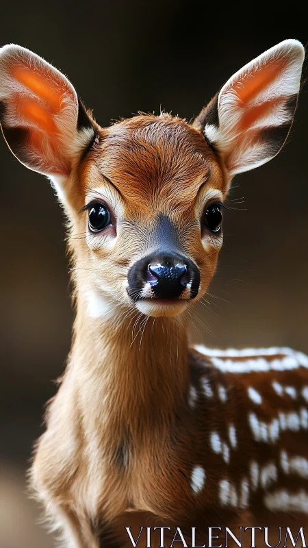 High-resolution close-up of alert spotted fawn in soft bokeh forest