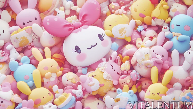 Pastel chibi plush cluster with confectionery surface modeling.