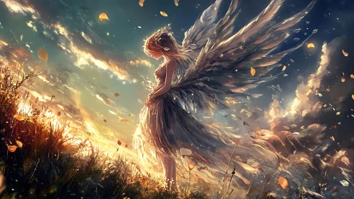 Digital painting of winged girl in luminous sunset field scene.