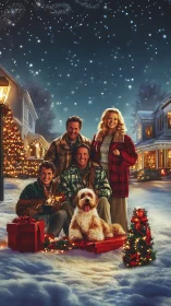 Smiling family pose under snowy Christmas night sky.