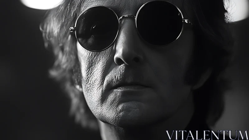 Monochrome close portrait of person in round sunglasses.