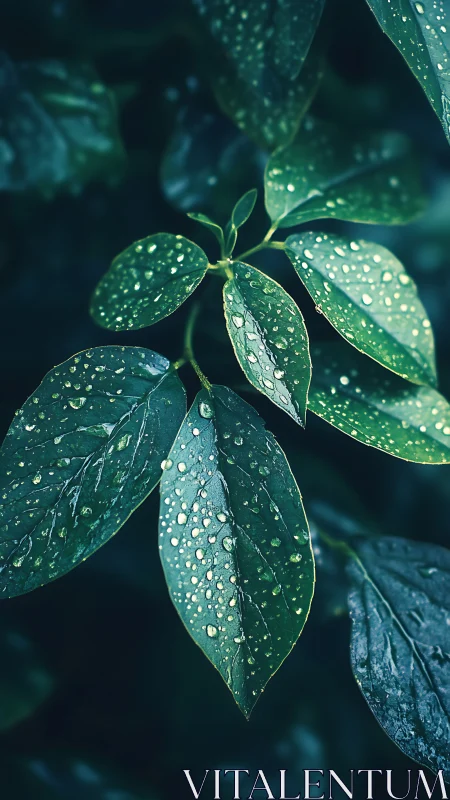 Rain-soaked verdant leaves in moody teal-toned close-up study.